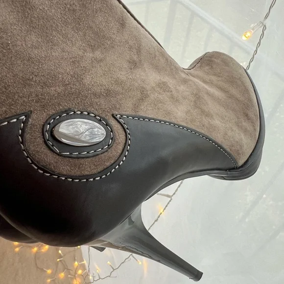 Italian Designer Suede Brown Green Khaki Knee High Fur Boots Platform High Heels - Picture 2 of 14